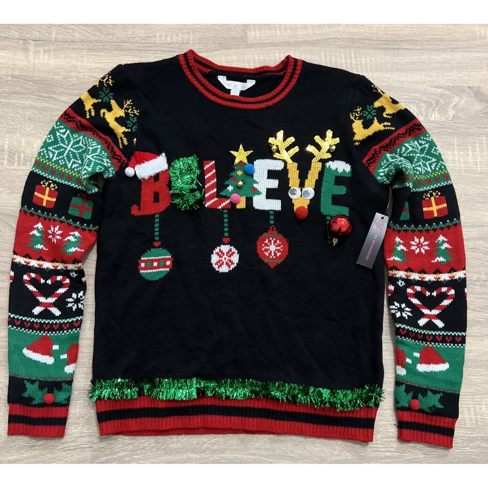 NoBo Christmas BELIEVE Jingle Bells‎ 3D Embellishment Sweater Girls Sz LG JUNIOR